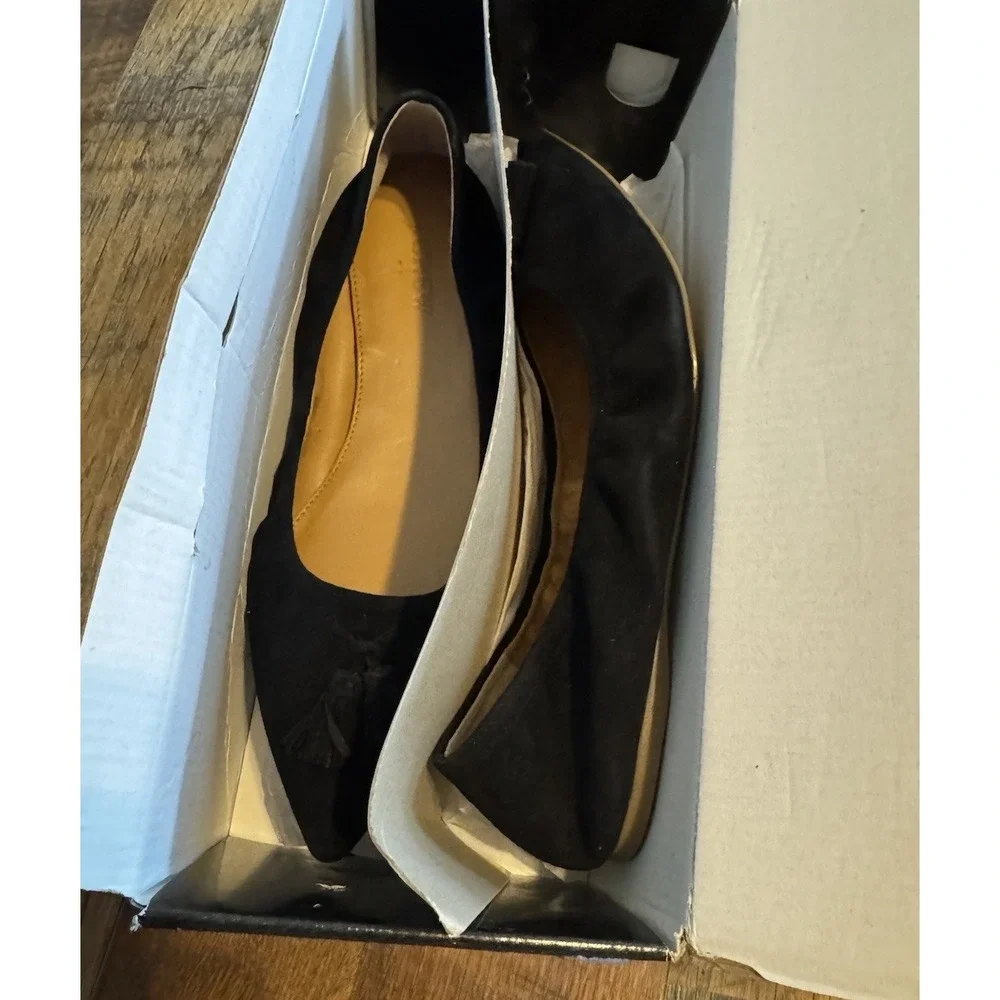 J Crew Lottie Flats Black Suede Slip On Tassel Pointed Toe Womens Shoes 9.5 NIB